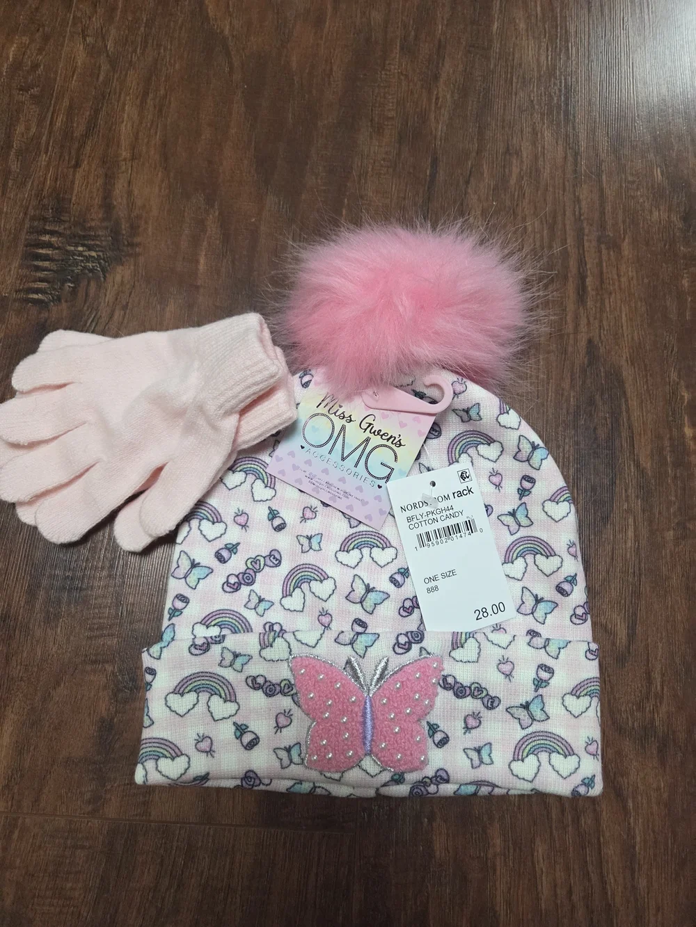 NWT Girls' Pink Butterfly Pom Pom Beanie & Gloves Set . Ages 5-10 Nordstrom Rack